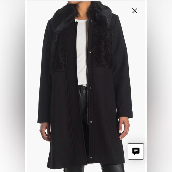 NWOT Rachel Roy Women’s Faux Fur Trim Pea Trench Length Coat Black Size Large - Picture 3 of 11